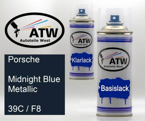 Porsche, Midnight Blue Metallic, 39C / F8: 400ml Sprühdose + 400ml Klarlack - Set, von ATW Autoteile West.